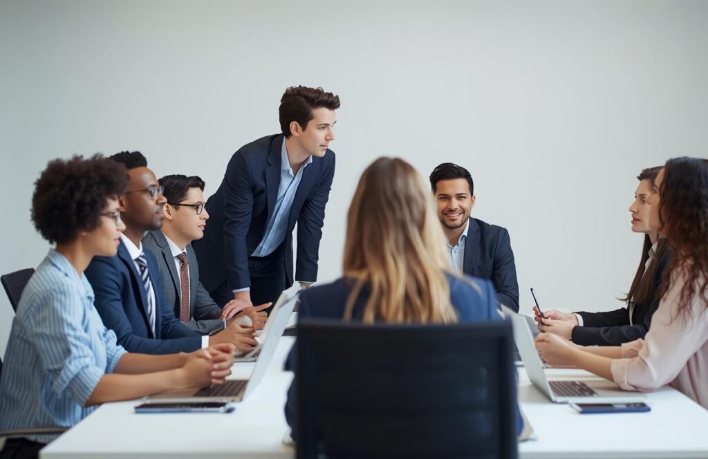 stock image of a team sitting at a table having a discussion